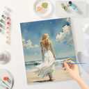 Beach Paint by Numbers Kit for Adults - DIY Woman in White Dress by The Sea Painting on Canvas, Acrylic Paint Set, Suitable for Beginners, Art for Home Decoration or Gifts(16X20IN Framed)