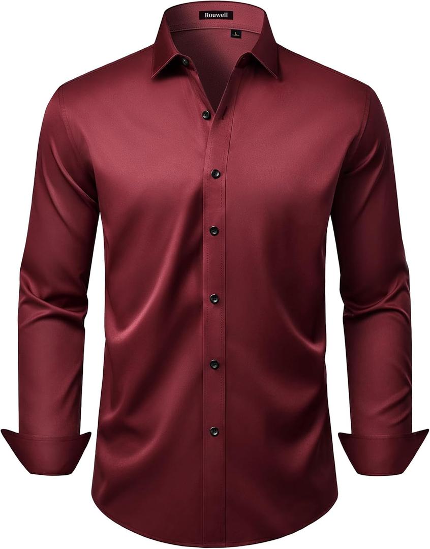 Mens Wrinkle Free Dress Shirts Regular Fit Business Button Down Shirt Formal Long Sleeve Wedding Stretch Shirts (3X-Large, Burgundy)