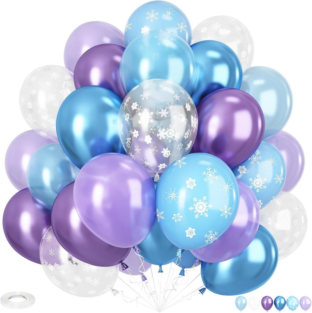 Purple Blue Balloons Decorations, 12 Inch Purple and Blue Party Balloons, Metallic Balloon and Snowflake Balloon for Girls Snow Birthday Baby Shower Party Supplies