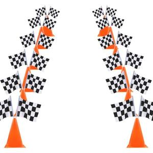 YOELVN 6 Pack 7inch Orange Race Cones with Holes on Top,12 Pack Checkered Flags,Racing Car Birthday Party Decorations,Two Fast Centerpieces,Race Cars Themed Party Supplies