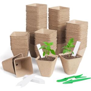 Square Peat Nursery Pots 12 Pcs 3in Biodegradable, with Humidity Dome and Label, Used for Outdoor Gardens in Plant Nurseries