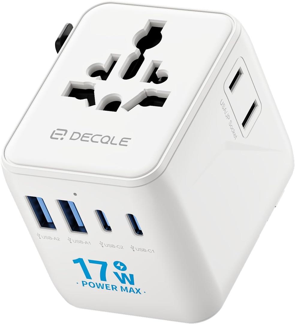 Universal Travel Adapter, International Travel Plug Adapter with 2 USB-C  2 USB-A Ports, with Extra 2 Prong AC Outlet All in One Portable Socket, for USA, UK, EU, AU  224+ Countries (White)