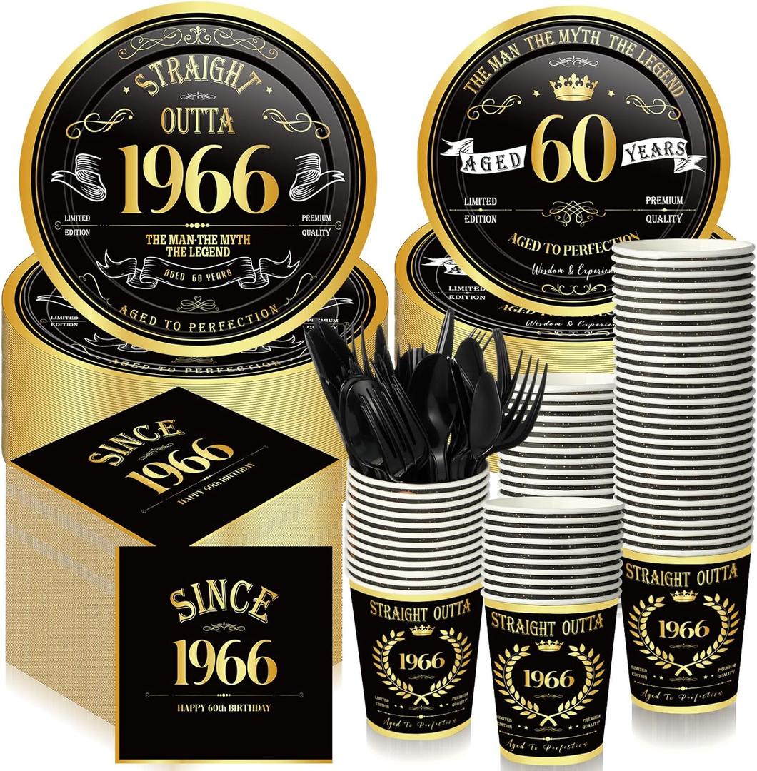 Pickmesh 240 Pcs Black 60th Back in 1966 Birthday Decorations Party Tableware Set Vintage Birthday Party Dessert Plates Napkins Forks Gold Dinnerware Favors for Men Service 30 Guests