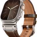 Leather Band Compatible with Apple Watch Ultra 3/2/1 Band 49mm 46mm 45mm 44mm 42mm, Leather Rugged Metal Connector Strap for iWatch Ultra Series 11/10/9/8/7/SE/6/5/4/3/2/1, Dark Brown/Titanium