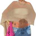 Women Sheer Poncho Top Knit Crochet Lightweight See Through Shawl Summer Shrug Beach Cover Up (One Size, A1 Light Brown)