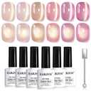 RARJSM Jelly Nude Gold Glitter Cat Eye Gel Nail Polish Set 6Pcs Sheer Pink Light Purple Champagne Mavue Brown Diamond Cateye Gelpolish with Magnetic Stick UV LED Curing Require Home Salon Nail Design