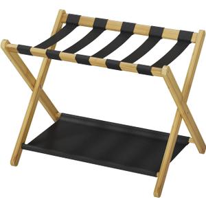 Smart FENDEE Luggage Rack, Folding Luggage Rack for Guest Room, Bamboo Suitcase Stand Holds up to 131 lb, Luggage Stand with Storage Shelf for Hotel, Bedroom (1 Pack)