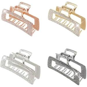 WORTL 3.5 Inch Square Metal Large Claw Clips, 4 Pack Rhinestones Hair Clamps for Women and Thinner,Thick hair styling,Strong Hold jaw clips