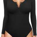 Popilush Long Sleeve Shapewear Bodysuit Tummy Control Henley Button Up Modal Scoop Neck Body Suit Tank Tops, Black , XL