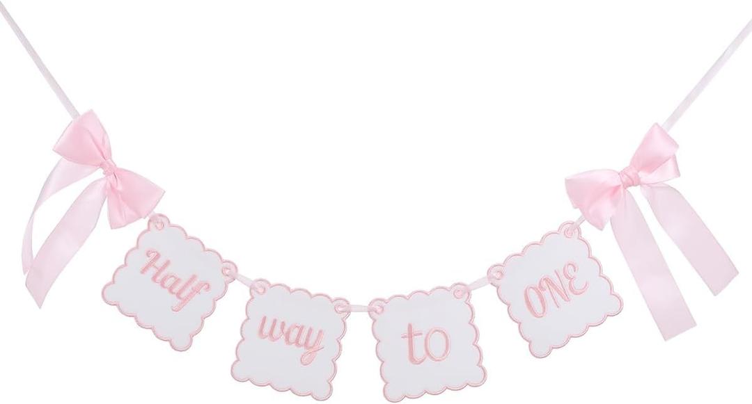 Pink Bow Half Way To One Banner - Half Birthday Decorations for Girls,Sweet 6 Months Birthday Decorations,Pink Cake Smash Photo Backdrop,Nursery Home Wall Fireplace Decor