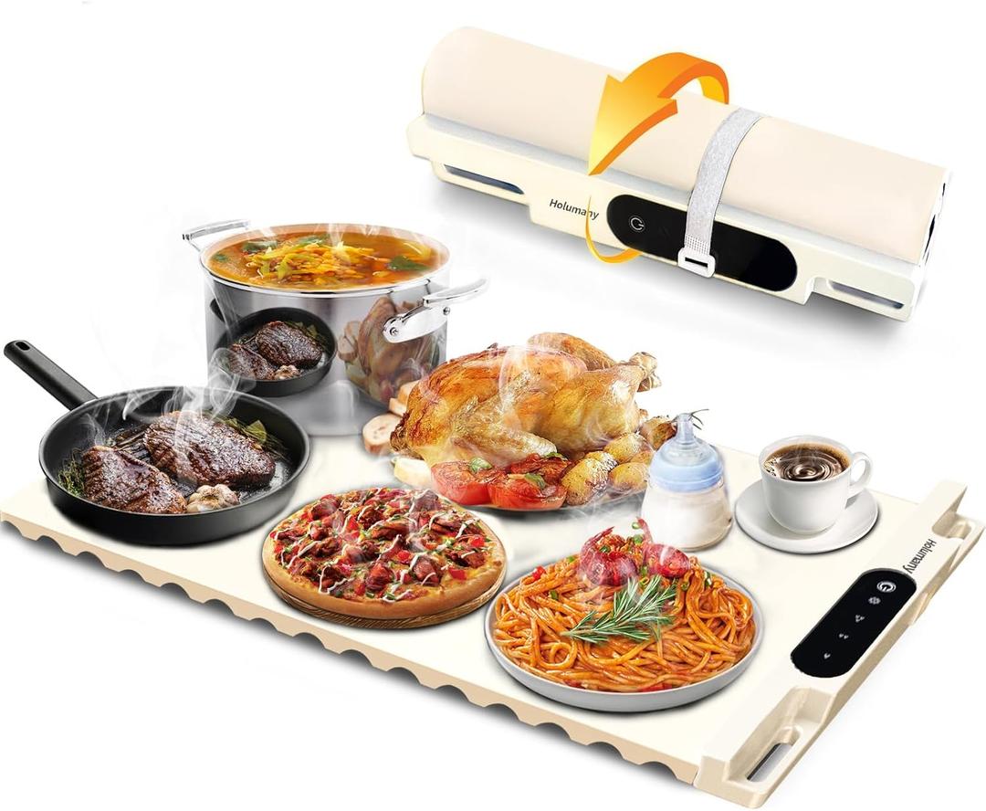 Food Warming Mat,Fast Heating Silicone Electric Warming Tray With 3 Level Temperature and 3 Level Timer, Roll Up Buffet Hot Plates Heat Pads, Portable Foldable Food Warmer For Parties Home white
