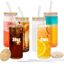 6 Pack 24oz Drinking Glasses Iced Coffee Cups Can Tumbler Glasses with Bamboo Lids and Straws Tumbler Glasses Cups Can Shaped Glass Gups Large Drinking Can Cups for Boba Smoothies Soda Juice Tea