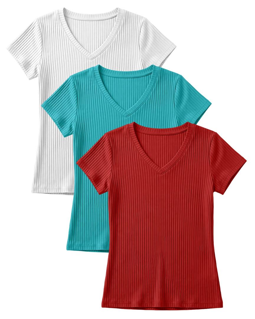 YooAurvox 3 Pack Girls V Neck Shirts, 3-Color, 9-10 Years