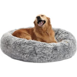 Bedfolks Calming Donut Dog Bed, 36 Inches Round Fluffy for Large Dogs, Anti-Anxiety Plush, Machine Washable (Dark Grey, Large)
