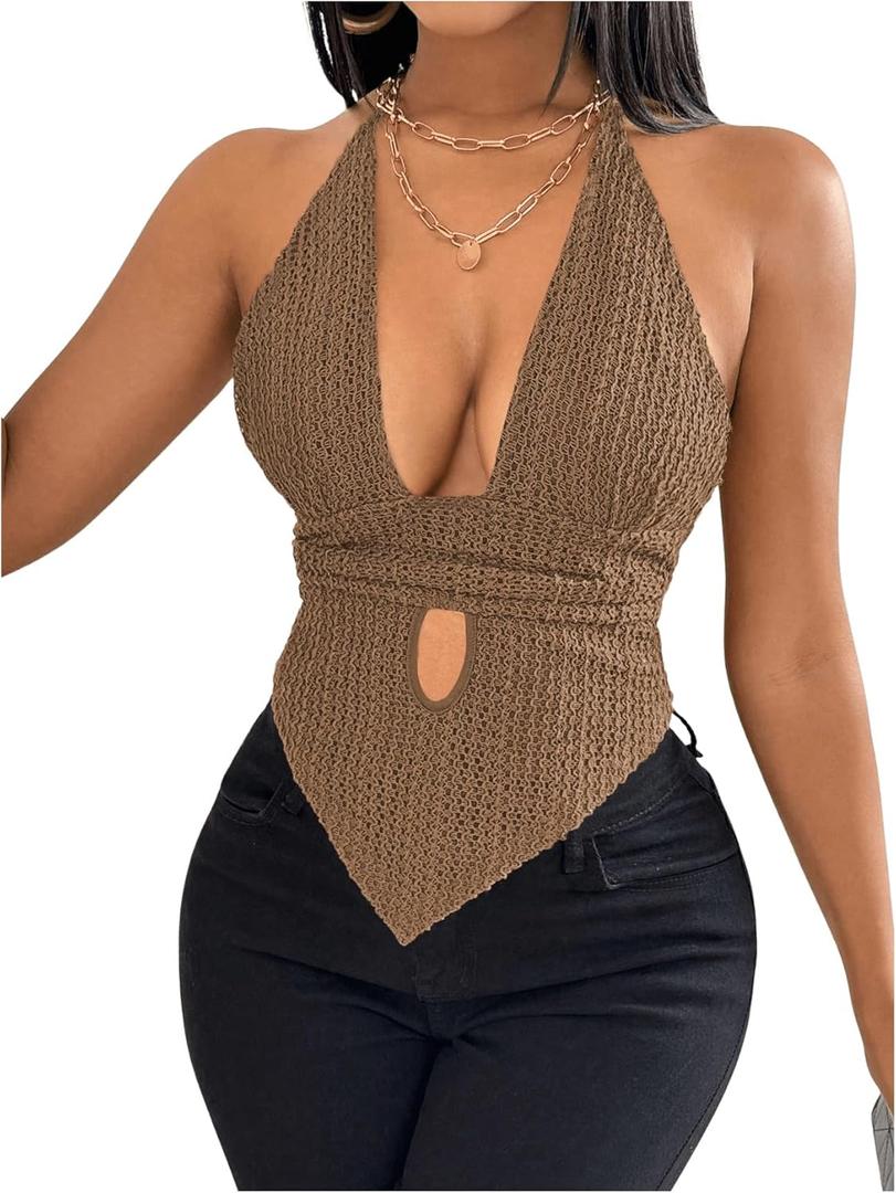 SOLY HUX Women's Deep V Neck Cut Out Halter Top Tie Backless Asymmetrical Hem Summer Tops (Plain Khaki) SOLY HUX Women's Deep V Neck Cut Out Halter Top Tie Backless Asymmetrical Hem Summer Tops (Plain Khaki)