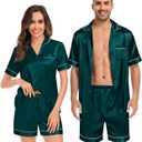 SWOMOG Couples Matching Pajamas Set Satin Short Sleeve Button Down Tops Silk Shorts Pj Lounge Set Soft Sleepwear (Green, M)