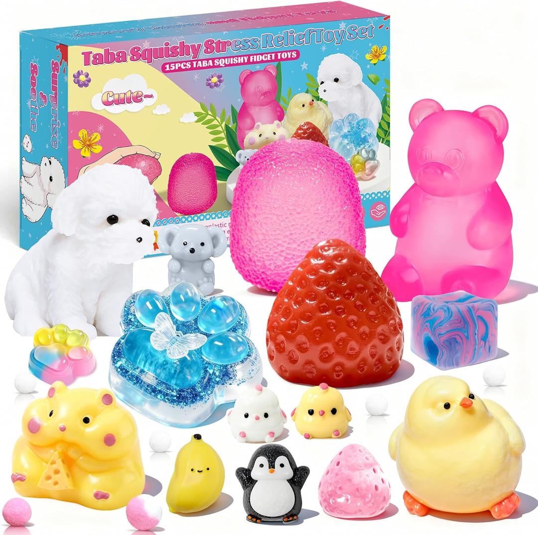 15Pcs Taba Squishies Kit, Squishies Fidget Toys, Including Strawberry, Cat Paw, Hamster Toy, Stress Relief Toys Party Favors for Kids 4-8 8-12, Sensory Toys Birthday Easter Gifts