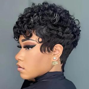 Chic Elegent Pixixe Cut Curly Wigs for Black Women Short Layered Pixie Cut Human Hair Wigs With Bangs Natural Black Color Summer No Glue Short Curly Human Hair Wig (Black Curl)