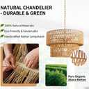 Boho 17” Rattan Chandelier Light Fixture, 4-Light Hand Woven Rattan Pendant with 2-Tier Wicker Shade, Adjustable Farmhouse Ceiling Hanging Light for Dining Room, Kitchen, Living Room, Bedroom, 17.7 inch