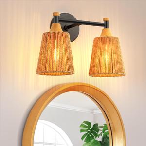 2-Light Bathroom Vanity Light, Boho Bathroom Light Fixtures Over Mirror Rattan Vanity Lighting Fixtures with Hand-Woven Lampshade Rustic Style Wall Sconce for Bedroom Living Room, 14.2 inch