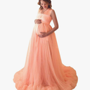 Women Off Shoulder Long Sleeve Maternity Dress Tulle Elegant Slim Fit Gown Baby Shower Photography Maxi Dress for Photo Shoot Size L
