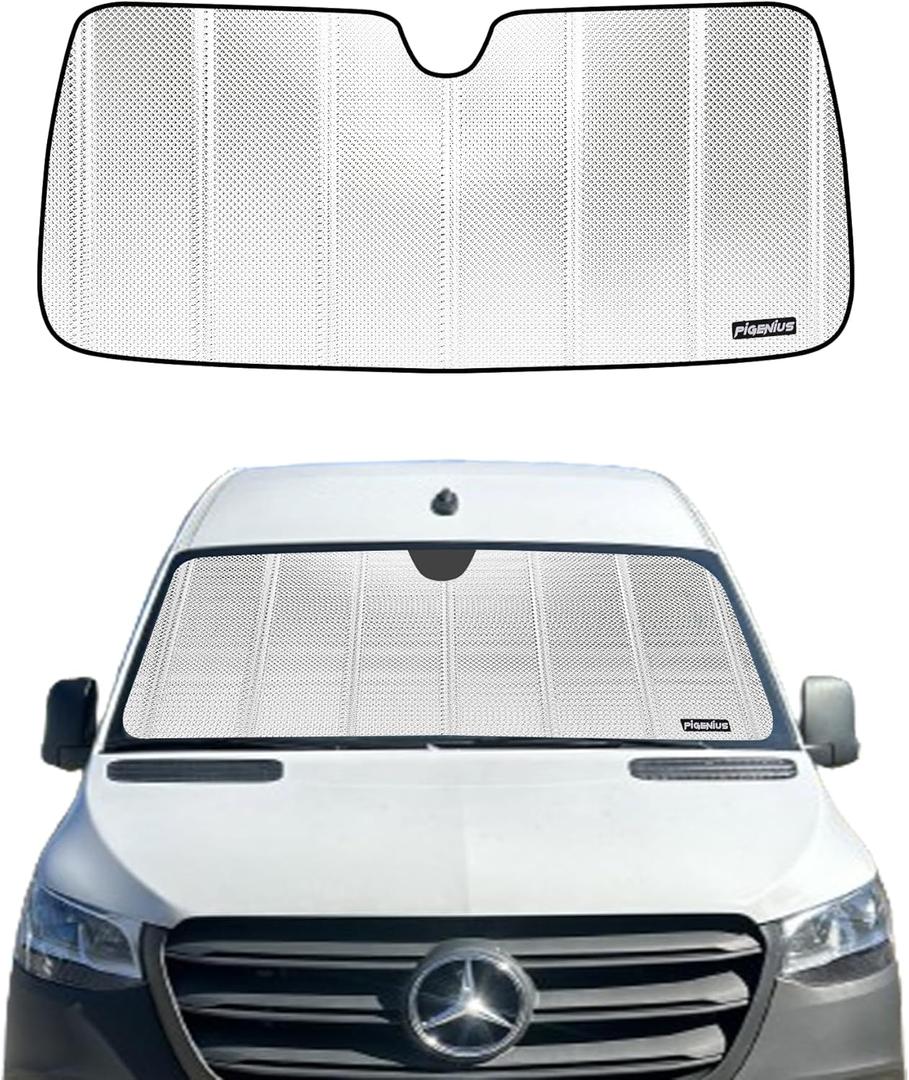 Windshield Sun Shade for Mercedez-Benz Sprinter 2007-2024. Reflective Aluminum Film Front Window Sunshade - BLAZBLOCK (Shiny Silver (Classic))