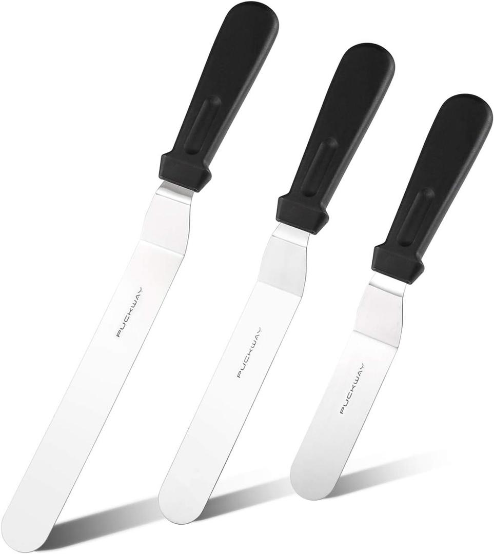 Offset Frosting Cake Knife set of 3 Black 6 8 & 10 Inch Angled Icing Spatula for Decorating (Black & Black & Black)