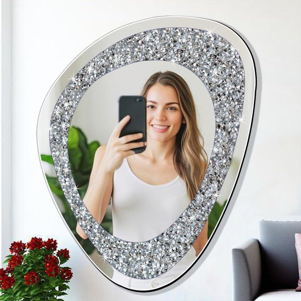 DMDFIRST Modern Irregular Shaped Wall Mirror 21.6x16 Inch Decorative Oval Diamond Decor Mirror for Living Room, Bedroom, Bathroom, Entryway