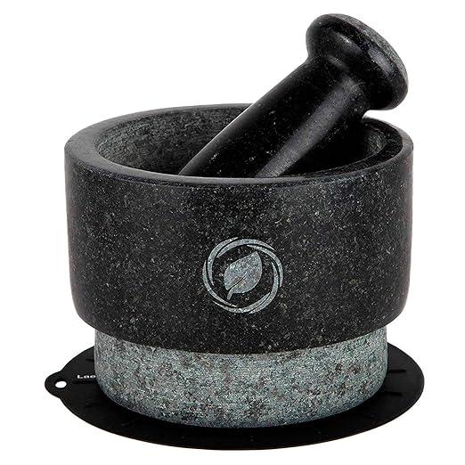 Laevo Mortar and Pestle Large Set  Black Granite Stone Spice Grinder, 2.1 Cup Capacity, 5.5 Inches  Reversible Molcajete Mexicano  Guacamole, Spices  Large Mortar and Pestles Set