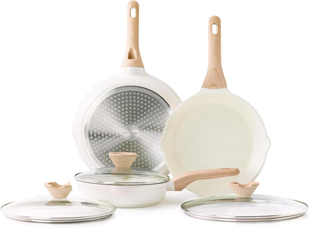 Kordisen Ceramic Nonstick Frying Pan Skillet Set with Lid, 3 Piece Ceramic Pans for Cooking Non Toxic, Healthy Induction Cookware, Stay-Cool Handle, PFOA & PFAS Free (9.5 Inch, 11 Inch, 12.5 Inch) White Ceramic