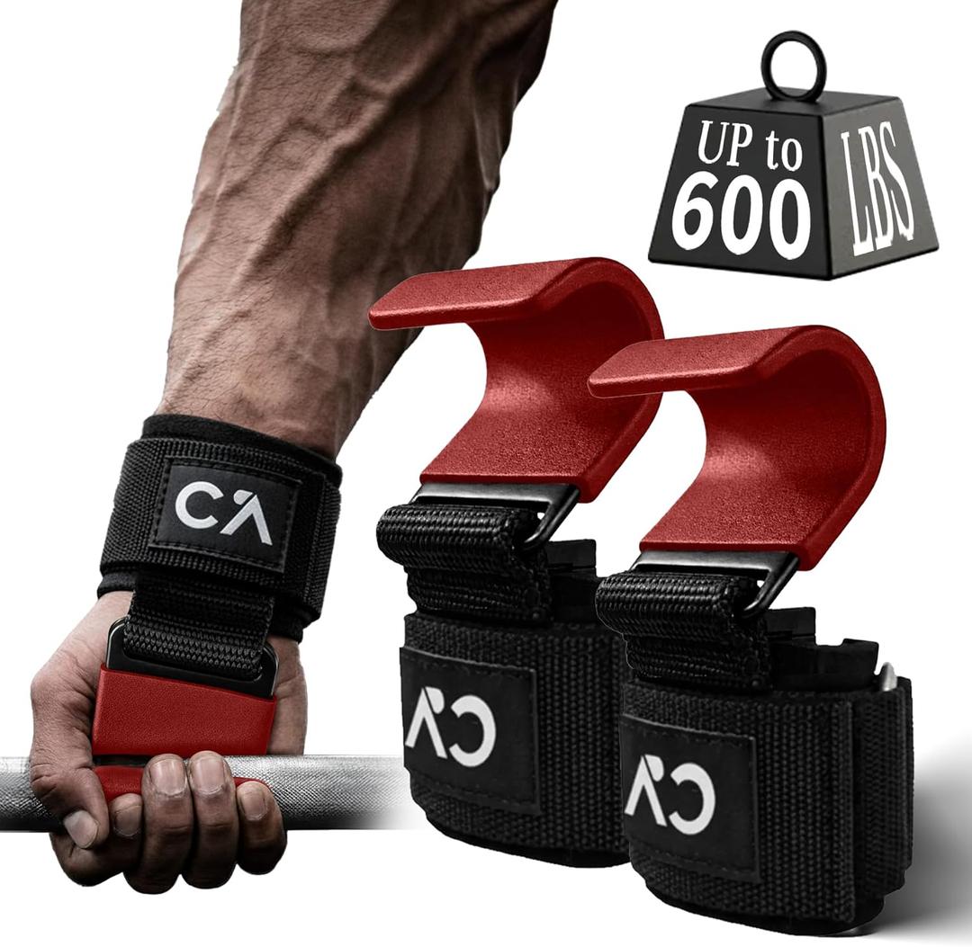 Weight Lifting Hooks (Pair) for Deadlifts, Pull Ups, Rows & Shrugs  Heavy Duty Steel Gym Hooks with 8mm Neoprene Padded Wrist Straps, Secure Hand Grips for Weightlifting, Powerlifting & Strength Training (One Size, Red)