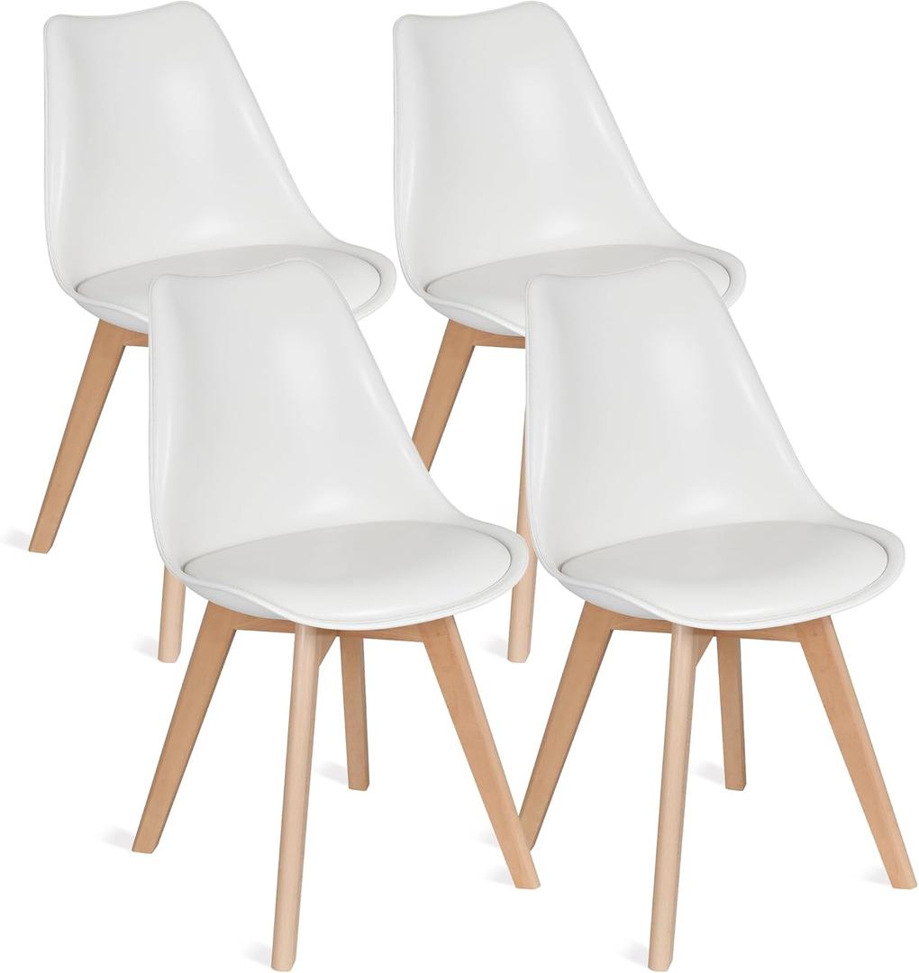 VECELO Dining Chairs Set of 4, Mid-Century Modern Kitchen & Dining Room Chairs, PU Leather Upholstered Seat, Solid Wood Legs, Armless, Non-Slip Feet, White, With Cushion
