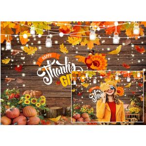 Thanksgiving Backdrop 7x5ft Rustic Fall Harvest Party Background Autumn Pumpkins Turkey Party Decor Photo Both Fall Leaves Banner Backdrop