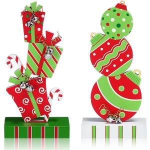 Amyhill 2 Pcs Christmas Table Decorations 5.9 Inch Wooden Xmas Centerpieces Red Green Gifts Box and Ball Ornaments Shape Christmas Signs Tabletop with Bells for Table Shelf Fireplace Holiday