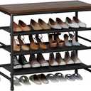 Mavivegue 4-Tier Metal Shoe Rack, Shoe Storage Organizer with Non-Woven Fabrics Shelves and Wooden Top Board, Entryway Shoe Stand for Closet Bedroom Living Room Garage, Black & Rustic Brown