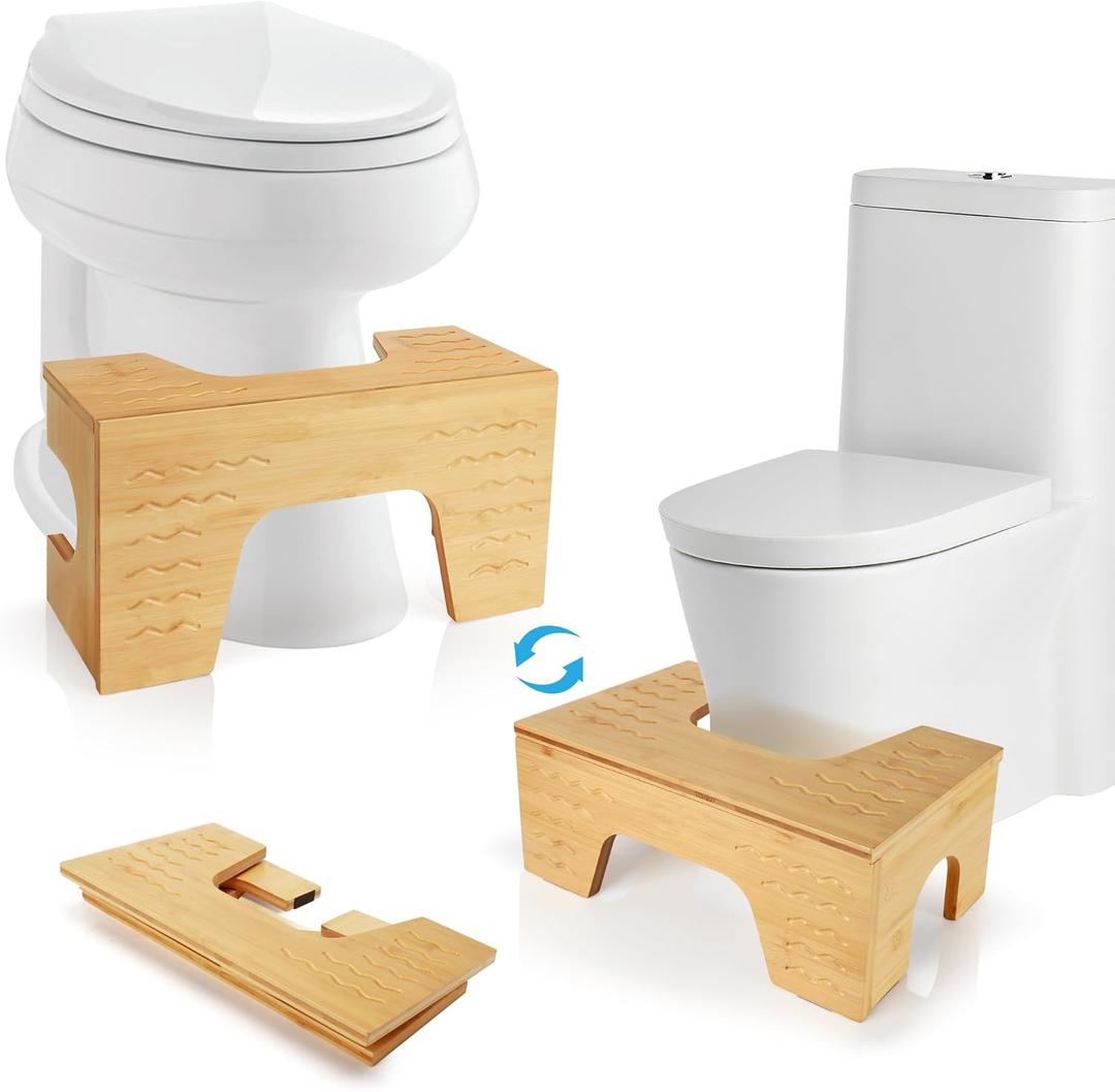 Foldable Toilet Stool Squat, 7" & 9" Adjustable Heights, Bamboo Poop Stool for Adults and Kids with Non-Slip Layer - Improve Bathroom Posture and Comfort, No Assembly Required,Natural