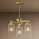 3 Light Brushed Gold Chandelier for Dining Room, Modern Kitchen Island Light Fixtures Over Table, Metal Hanging Pendant Lighting with Clear Glass Shade, Farmhouse Industrial Gold Finish