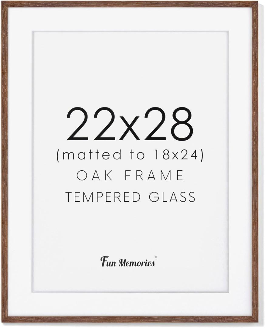 22x28 Picture Frame in Walnut, 22 x 28 Poster Frames for Wall, Solid Oak Wood Picture Frame 22"x28" with Glass, 22x28 Frame Matted to 18x24, 28x22 Wood Frame, 22 by 28 Art Frames, Walnut Color, 1 Pack