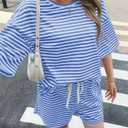 Fisoew Womens Striped 2 Piece Outfits Sweatsuits 3/4 Sleeve Oversized Tops High Waisted Shorts Casual Lounge Sets (Blue, Large)