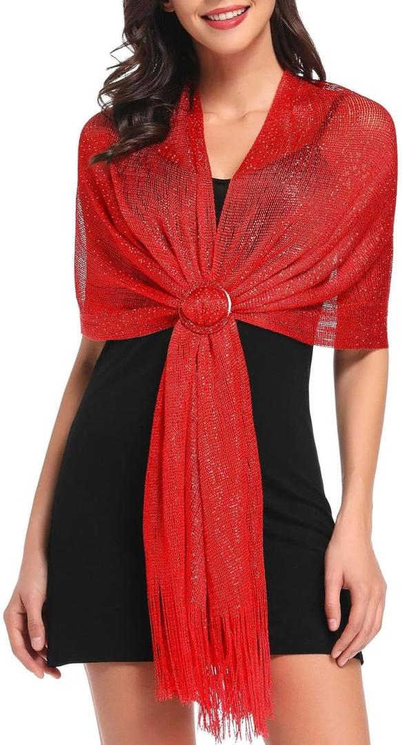 Tapp Collections Sparkling Metallic Shawls and Wraps with Buckle for Evening Dresses Wedding Party (Metallic Red)