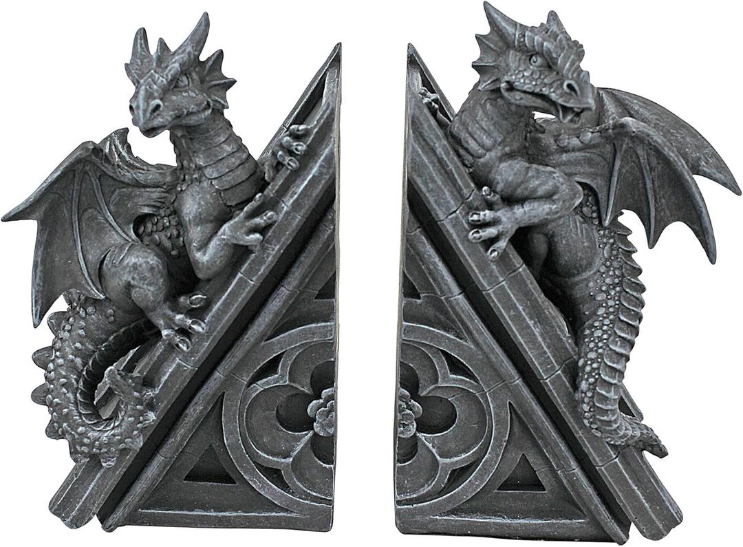 Design Toscano Castle Dragon Gothic Decor Decorative Bookend Statues, 8 Inch, Set of Two, Polyresin, Grey Stone