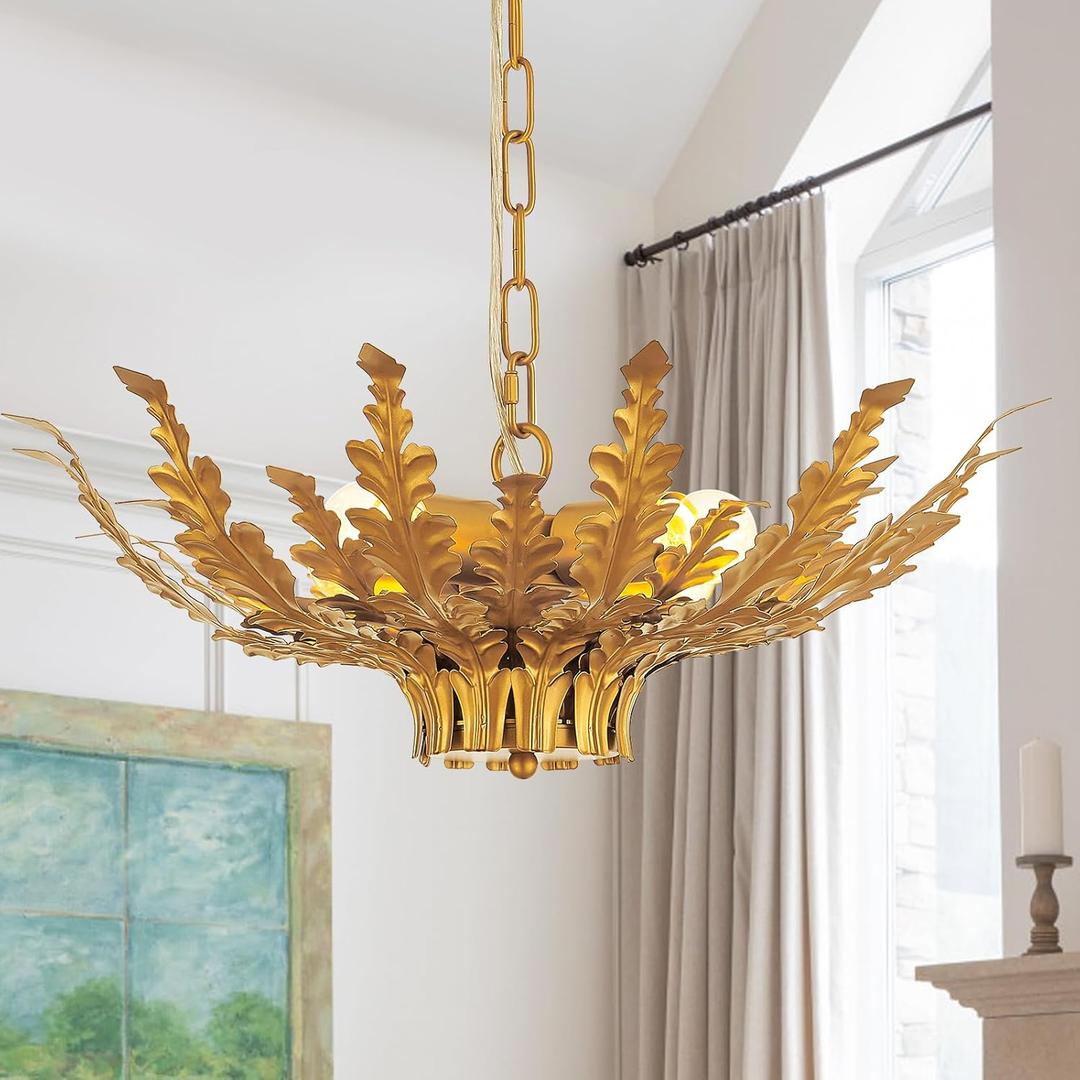 22 Modern Chandelier Brass Adjustable Classic Pendant Light Gold Leaf Foral Contemporary Pendant Lighting Fixtures for Dining Room Kitchen Island Living Room, UL Listed