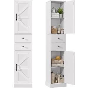 Tall Bathroom Storage Cabinet with 2 Doors and 2 Drawers, Narrow Storage Cabinet with Sturdy Base & Adjustable Shelves for Small Space, Floor Cabinet for Bathroom, Kitchen, White (11.8" W)