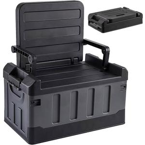 Versatile Foldable Seatable Camping Box Car Organizer Heavy Duty Storage Bins With Lids Box Trunk,Durable Plastic,60L Can Store Clothes, Toys Camping Equipment in Large Capacit (Black)