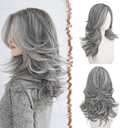 FESHFEN Grey Wavy Layered Wig with Curtain Bangs for Women, 20 Inch Long Synthetic Natural Looking Middle Part Hair Wig For Costume Party Daily Use