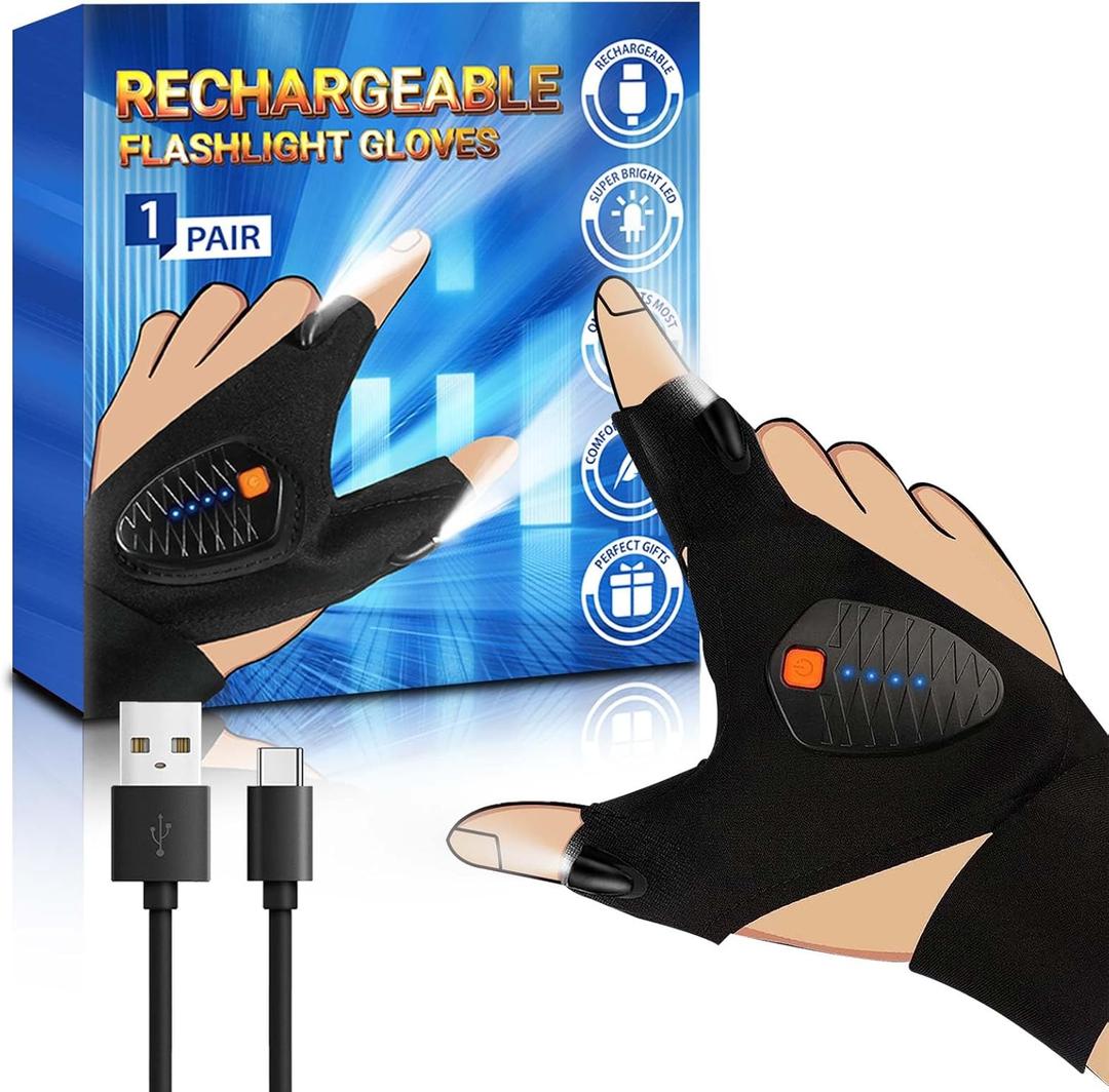 White Elephant Gifts Stocking Stuffers for Men Adults, Rechargeable LED Flashlight Gloves, Cool Gadgets for Dad Him Husband Boyfriend, Waterproof Finger Lights for Fishing Camping