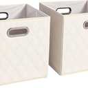 11 inch Beige Foldable Diamond Patterned Faux Leather Storage Cube Bins Set of Two with Handles for living room, bedroom and office storage