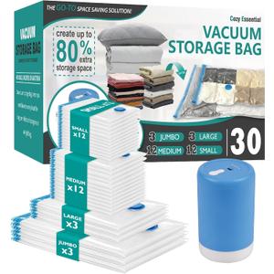 Vacuum Storage Bags with Electric Pump, 30 Pack (3 Jumbo/3 Large/12 Medium/12 Small) Vacuum Seal Space Saver Bags for Clothing, Pillows, Blanket, Bedding, Comforters (30 Combo-E)