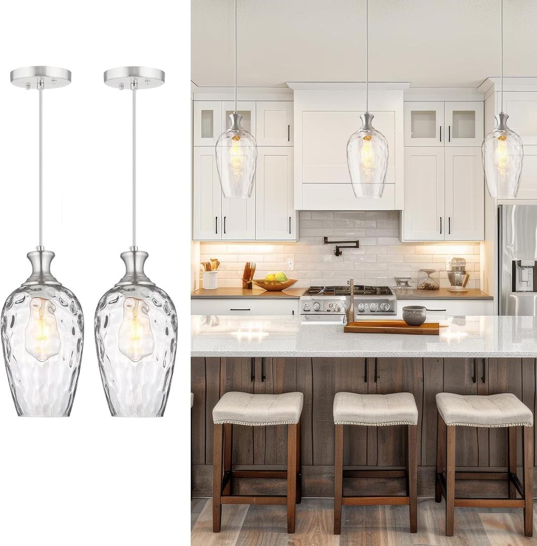 Glass Pendant Lights Kitchen Island 2 Pack, Brushed Nickel Pendant Light Fixtures with Hand-Blown Clear Glass, Modern Hanging Light for Kitchen Sink Dining Room Bedroom, E26