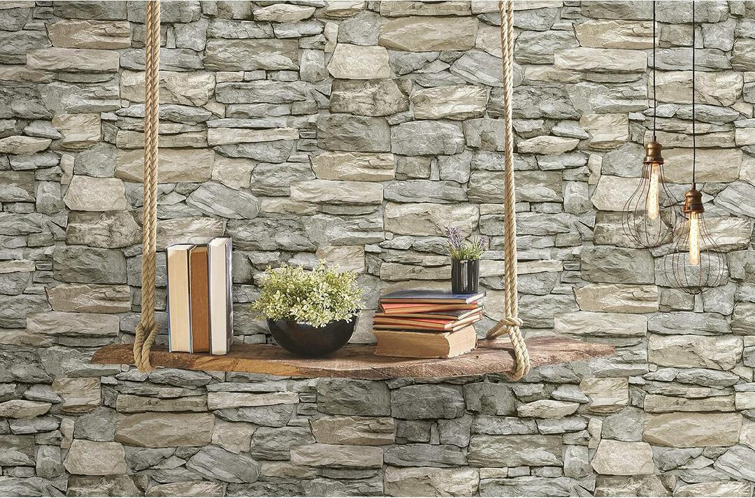 RoomMates RMK11962WP Gray and Taupe Stone Peel and Stick Wallpaper, Roll, Taupe (20.5" x 198")